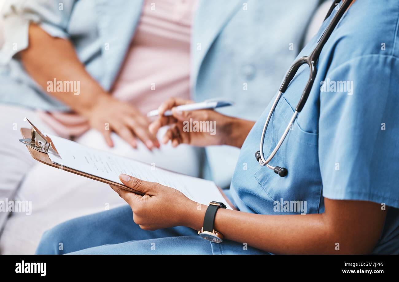 Clipboard, nurse hands and patient checklist for healthcare questions ...