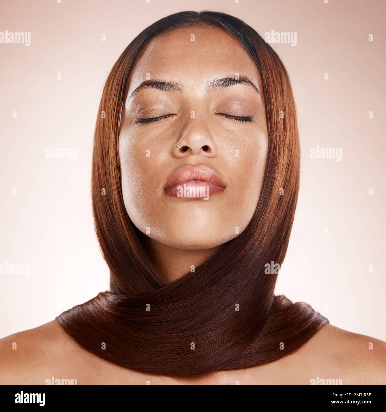 Hair, face and beauty with woman and cosmetic, hair care treatment and