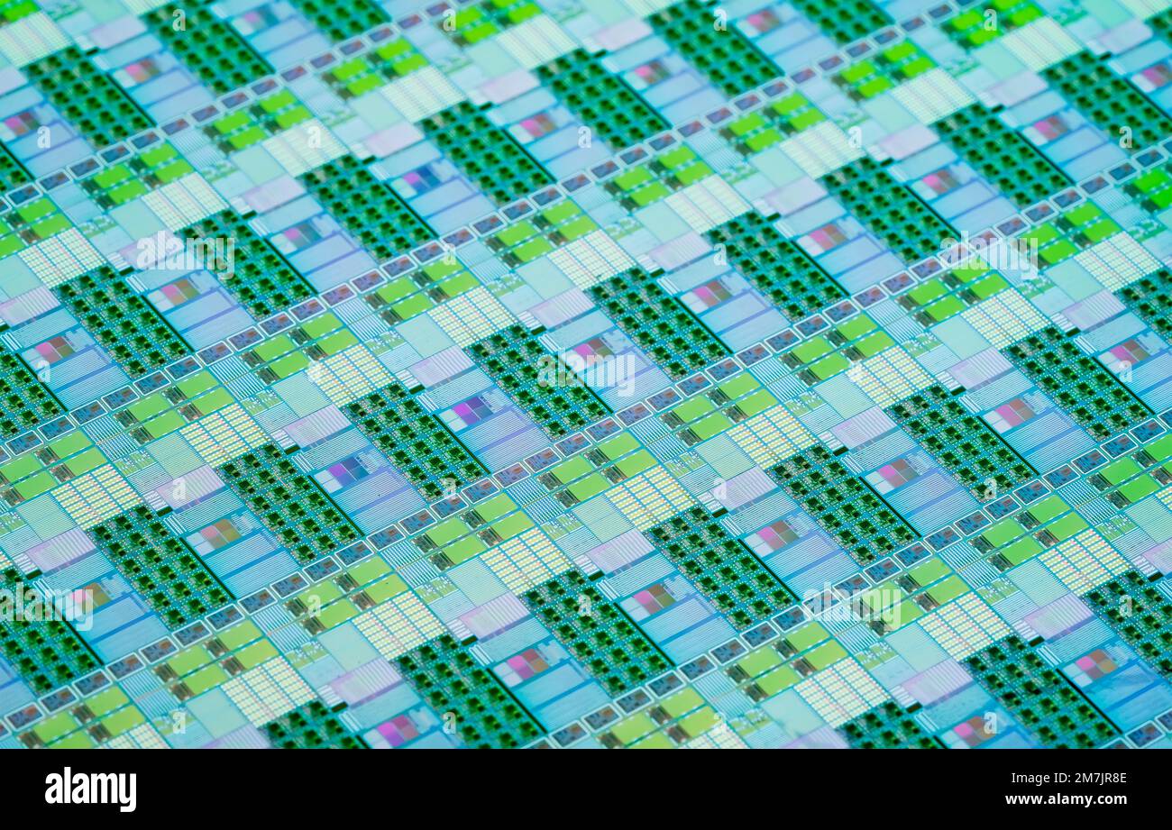 Silicon Wafers and Microcircuits,slice of semiconductor material, used in electronics for the fabrication of integrated circuits. Stock Photo
