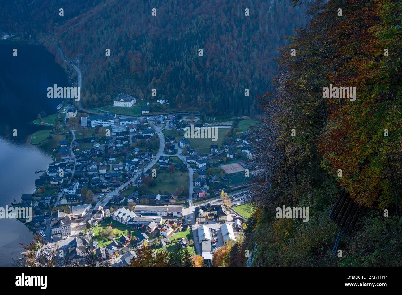 Aerial view of the picturesque Hallstatt village with traditional chalet wooden houses captured from the funicular cable car at Hallstatt, Austria. Stock Photo