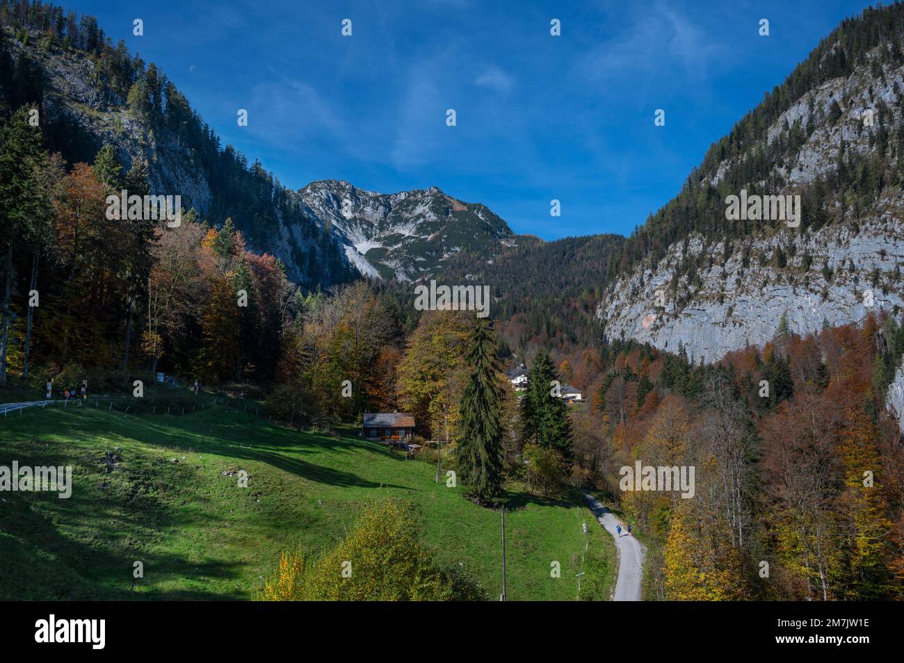 Aerial view of the Hallstatt village with the traditional chalet houses surrounded by lush green meadows and alpine valleys. Stock Photo