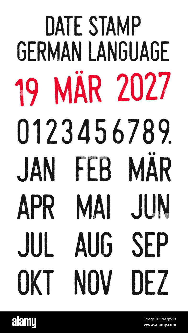 Vector illustration of editable dates stamps in German language (days, months, years Stock
