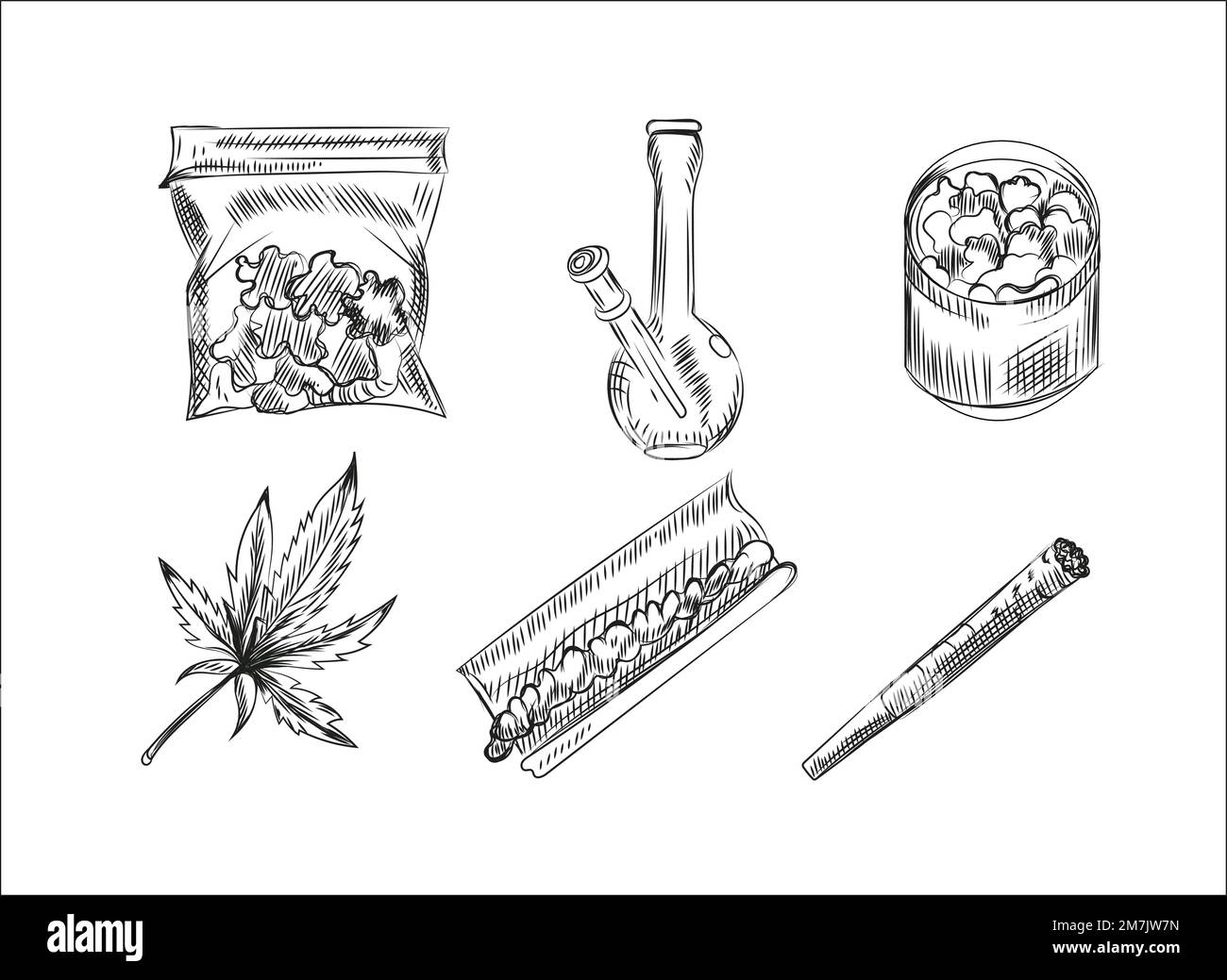 Hand drawn sketch set of Weed smoking tools. Marijuana smoking. vector illustration .Weed grinder, Marijuana Leaf, Stock Vector