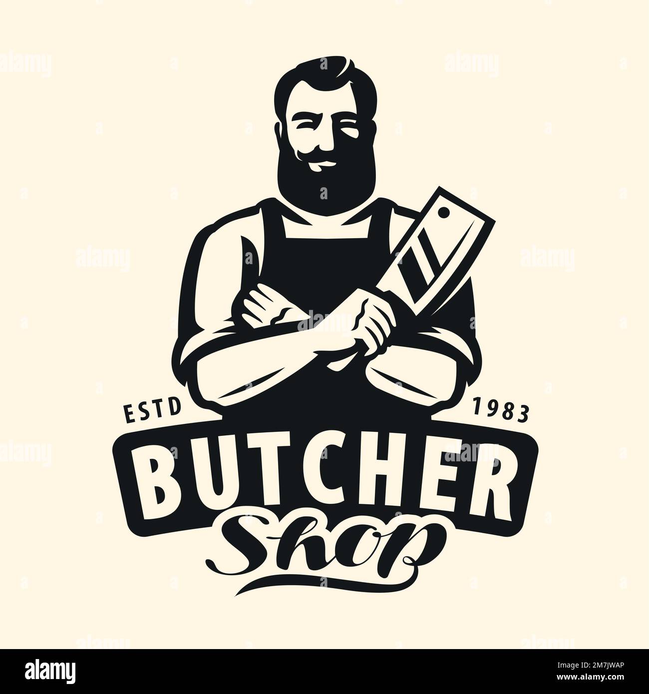 Butcher shop, farm organic food badge or logo. Butcher with cleaver