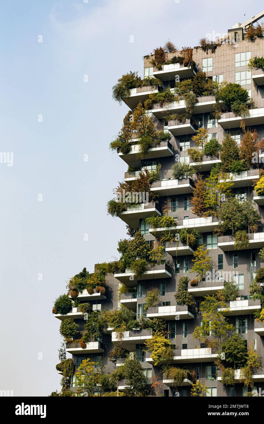 Bosco Verticale, Vertical Forest building, Milan, Italy, lush greenery, balconies, each floor, unique, eco-friendly, urban jungle, city's architecture Stock Photo