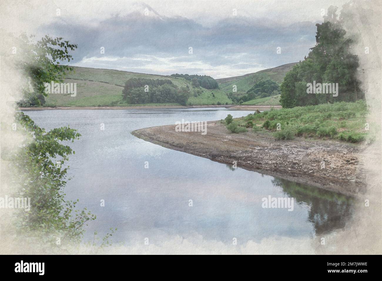 Digital watercolor painting of the reservoir at Upper Goyt Valley, Derbyshire within the Peak District National Park, UK. Stock Photo