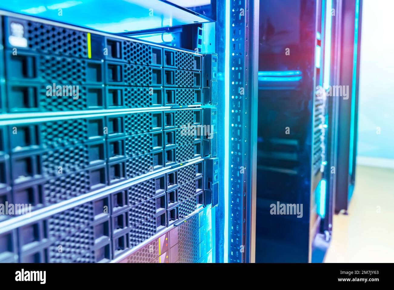 Panel of mainframe of modern servers in data center or ISP Stock Photo
