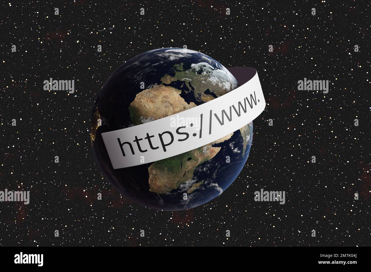 Realistic earth wrapped with a paper slip showing https and www on galaxy background.Concept of the Internet, WWW, and SSL secure web connection Stock Photo