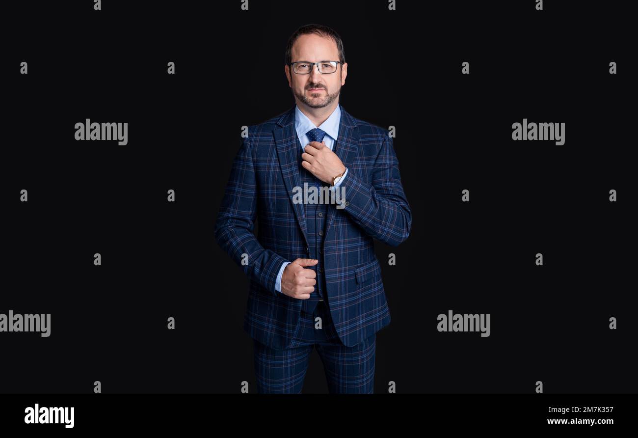 boss in studio. boss wear jacket and tie. photo of boss in suit. mature