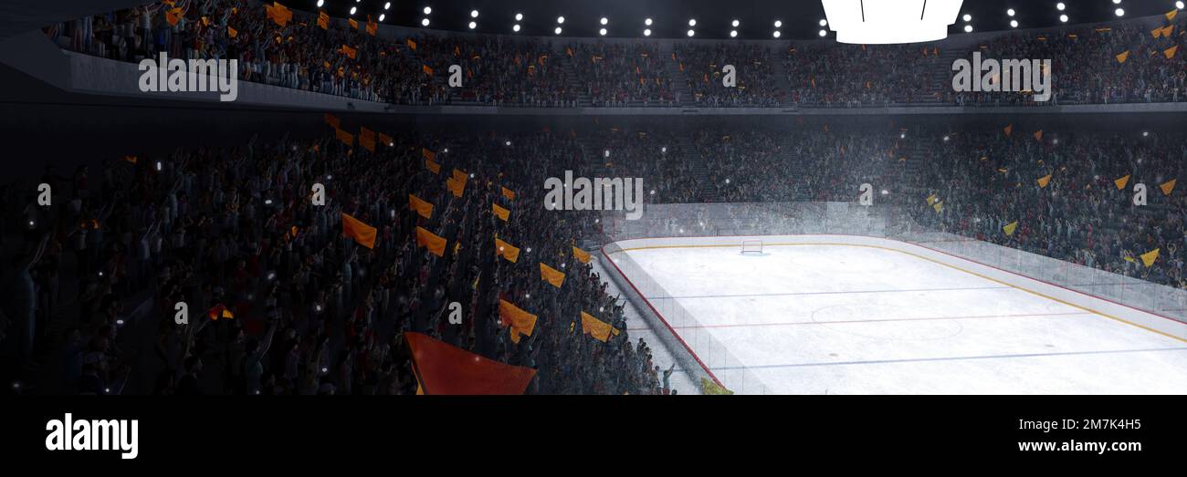 Side aerial view. 3D model of empty ice rink stadium arena for sport