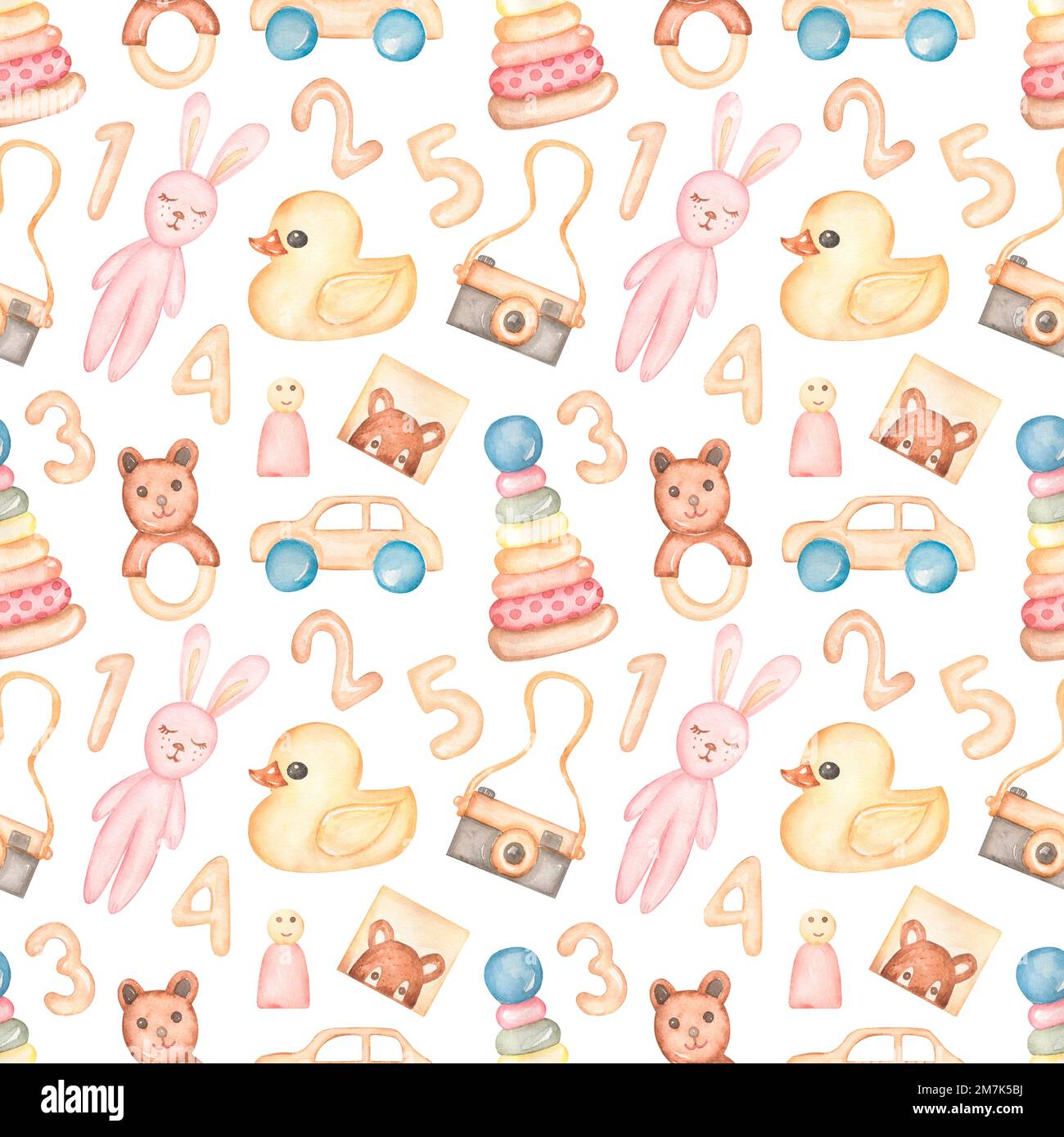 Watercolor seamless pattern with cute kids toys. Bear and pink rabbit ...