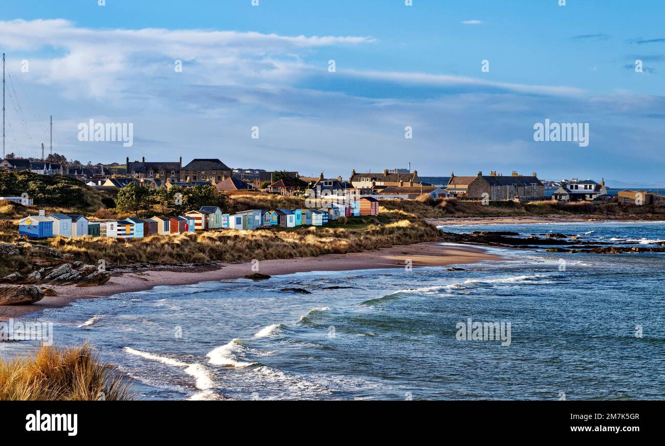 Hopeman village Moray Coast Scotland row of colourful beach huts above