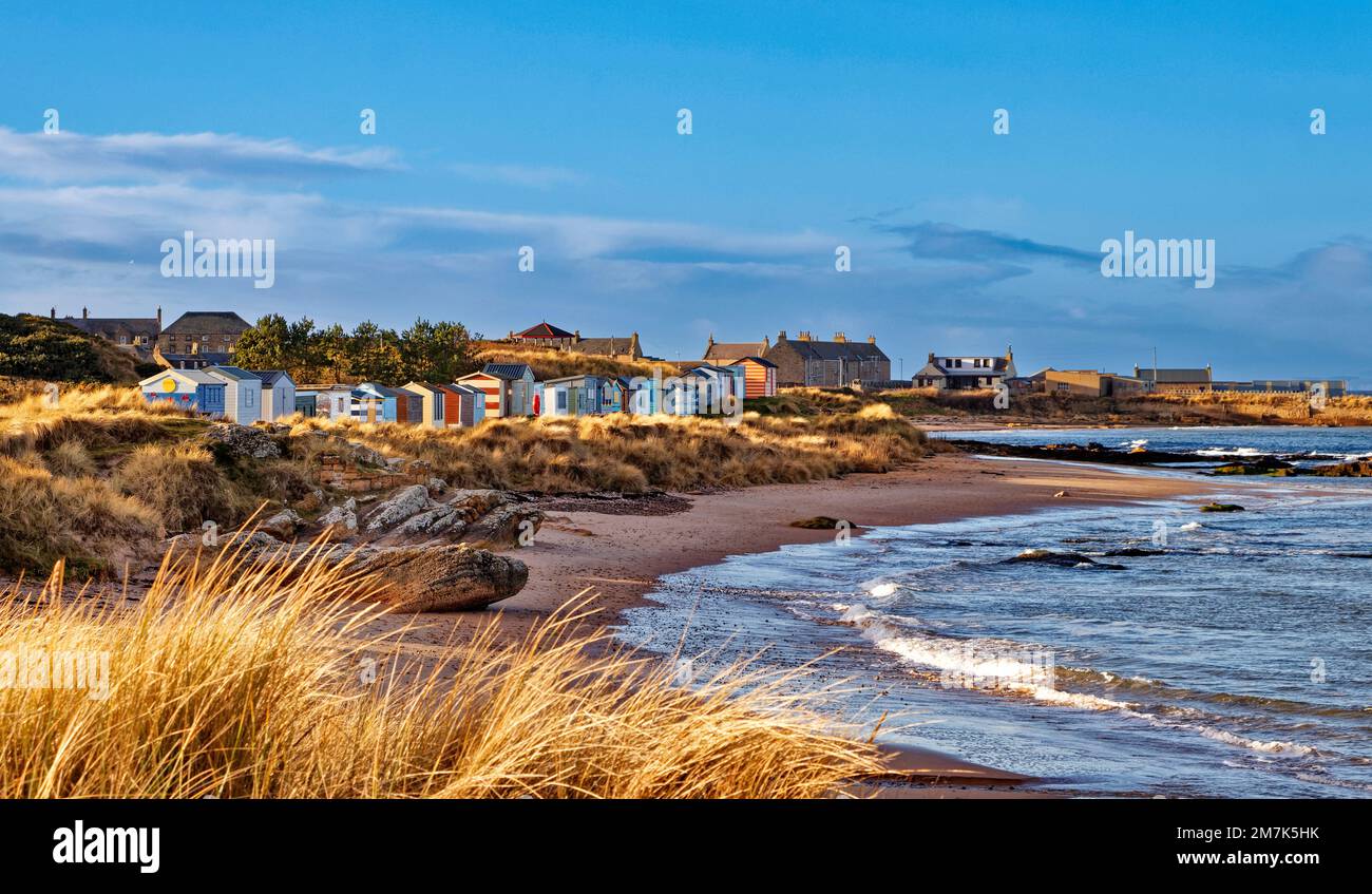Hopeman village Moray Coast Scotland row of colourful beach huts