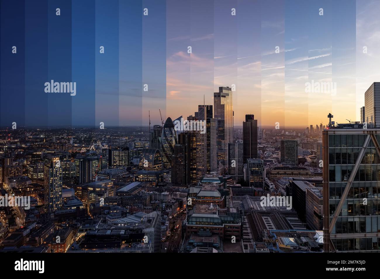 Sliced day to night time lapse view of the financial office skyscrapers at the City of London Stock Photo