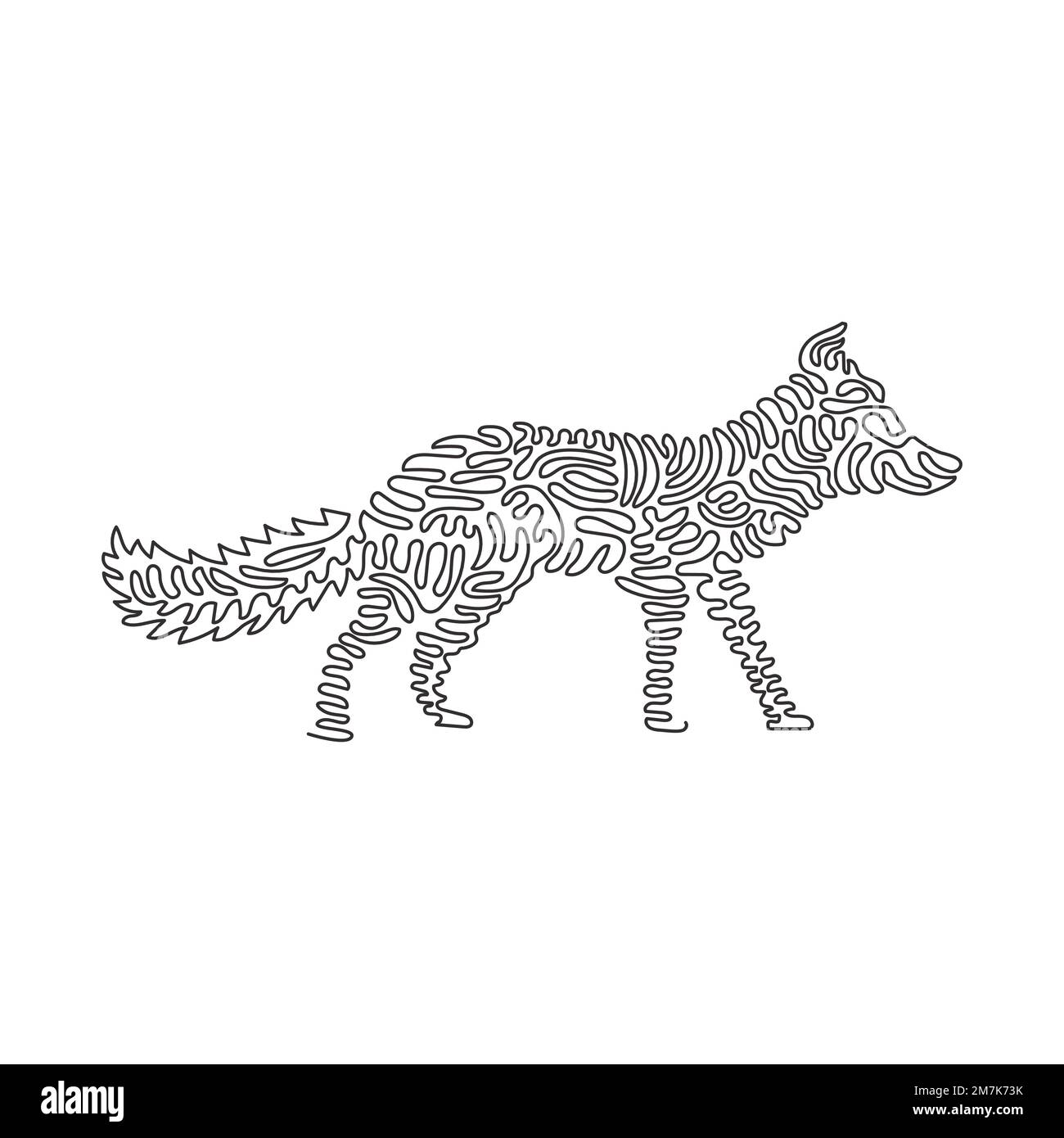 Single one curly line drawing abstract art. long bushy tail fox. Continuous line drawing design vector illustration of beautiful fox for a logo Stock Vector