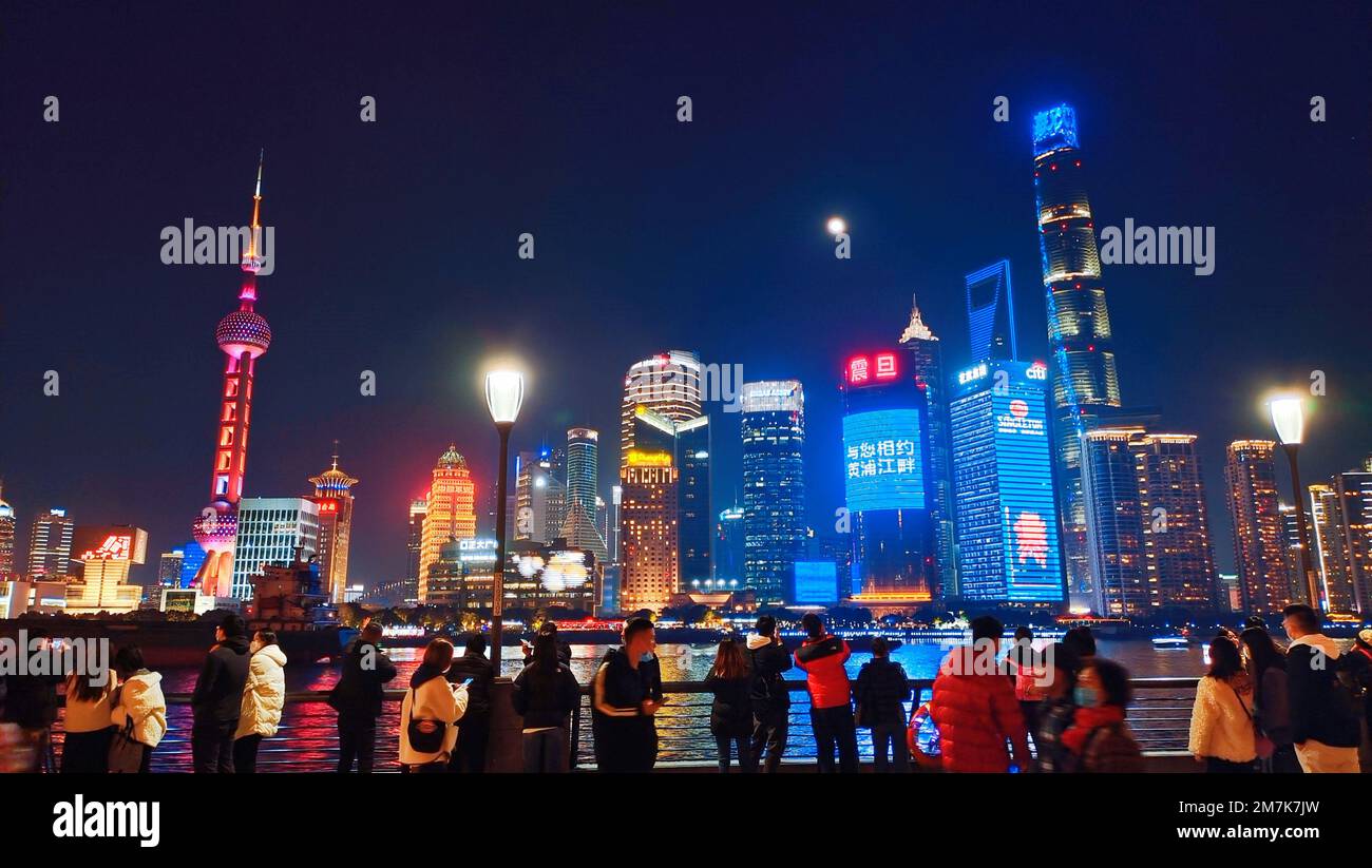 SHANGHAI, CHINA - JANUARY 8, 2023 - The night view of the Bund and Lujiazui  on both sides