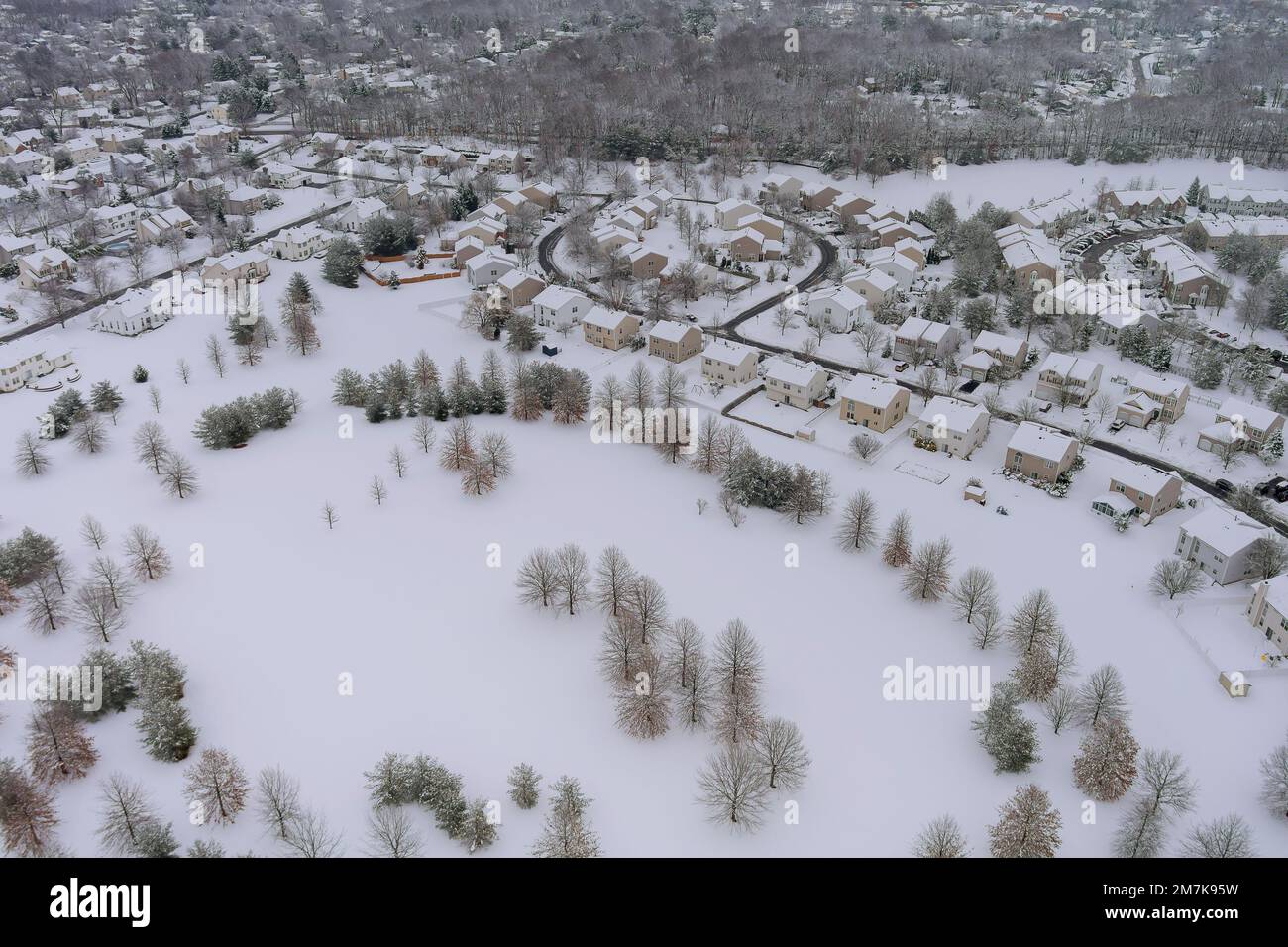 View to spectacular aerial view of small American town after heavy