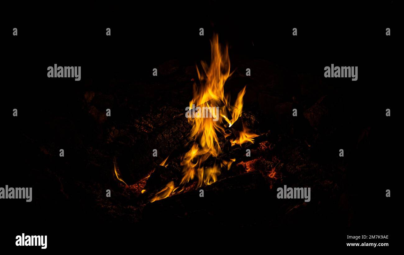 Charred logs burning in a firepit Stock Photo