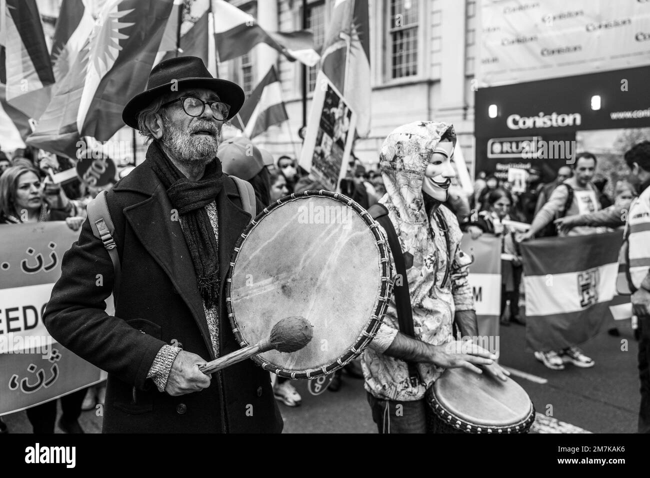 Iranian protestors in London demanding the UK government to take a more proactive action against the Iran and their human rights abuses. Stock Photo