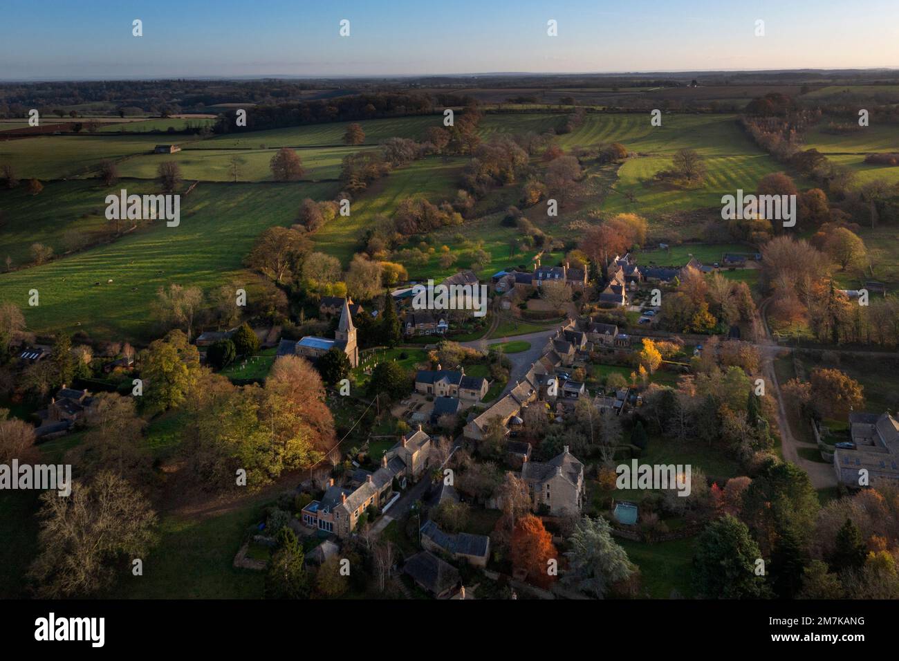Cotswold Village of Swerford, from the air in late afternoon autumn light,Gloucestershire,England,Europe Stock Photo