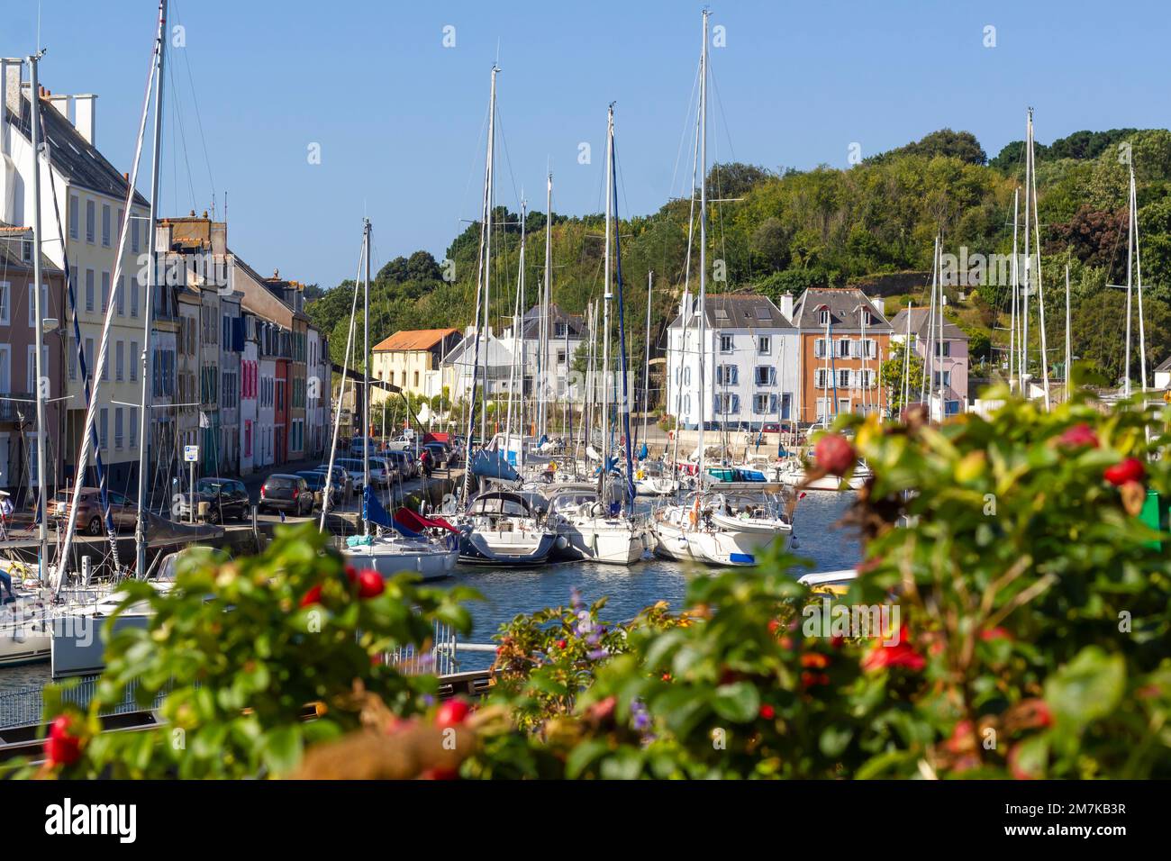 Beautiful view at the picturesque marina harbor in the town center of Le Palais in the Brittany island Belle-Ile-En-Mer. Stock Photo