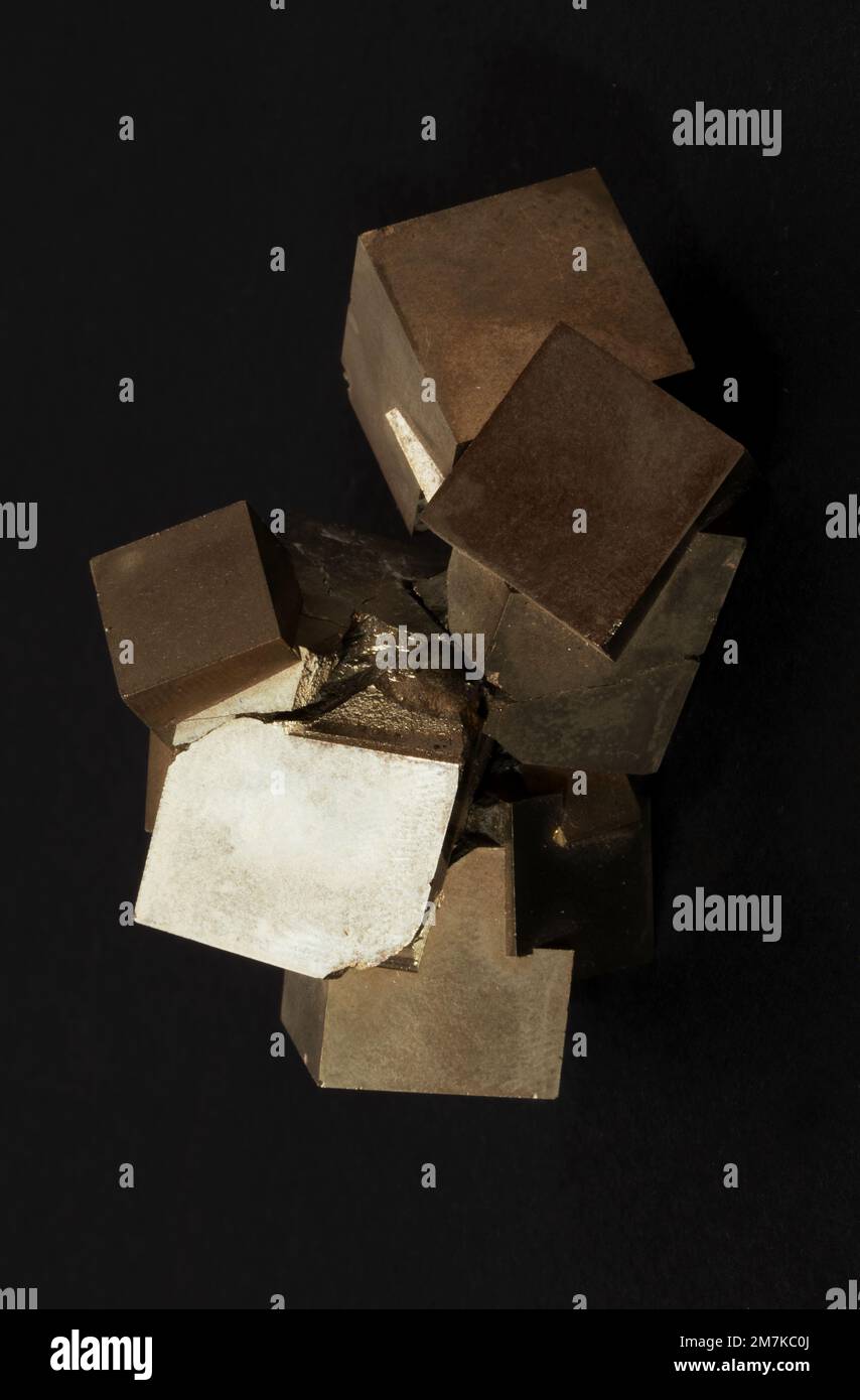 Rocks and minerals, Cubic Pyrite crystals, laboratory sample Stock