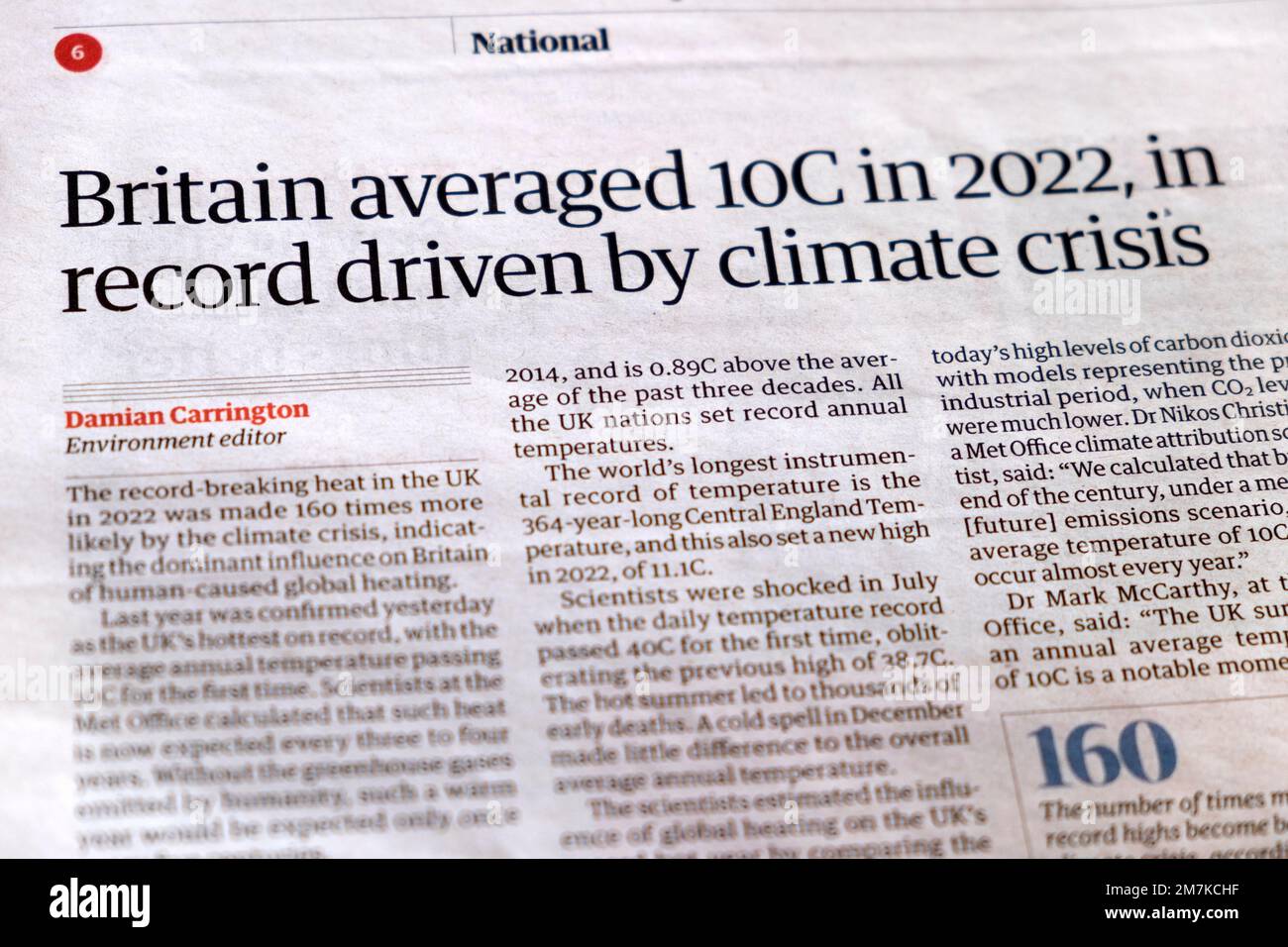 'Britain averaged 10C in 2022, in record driven by climate crisis' Guardian newspaper headline climate crisis article London England UK Stock Photo