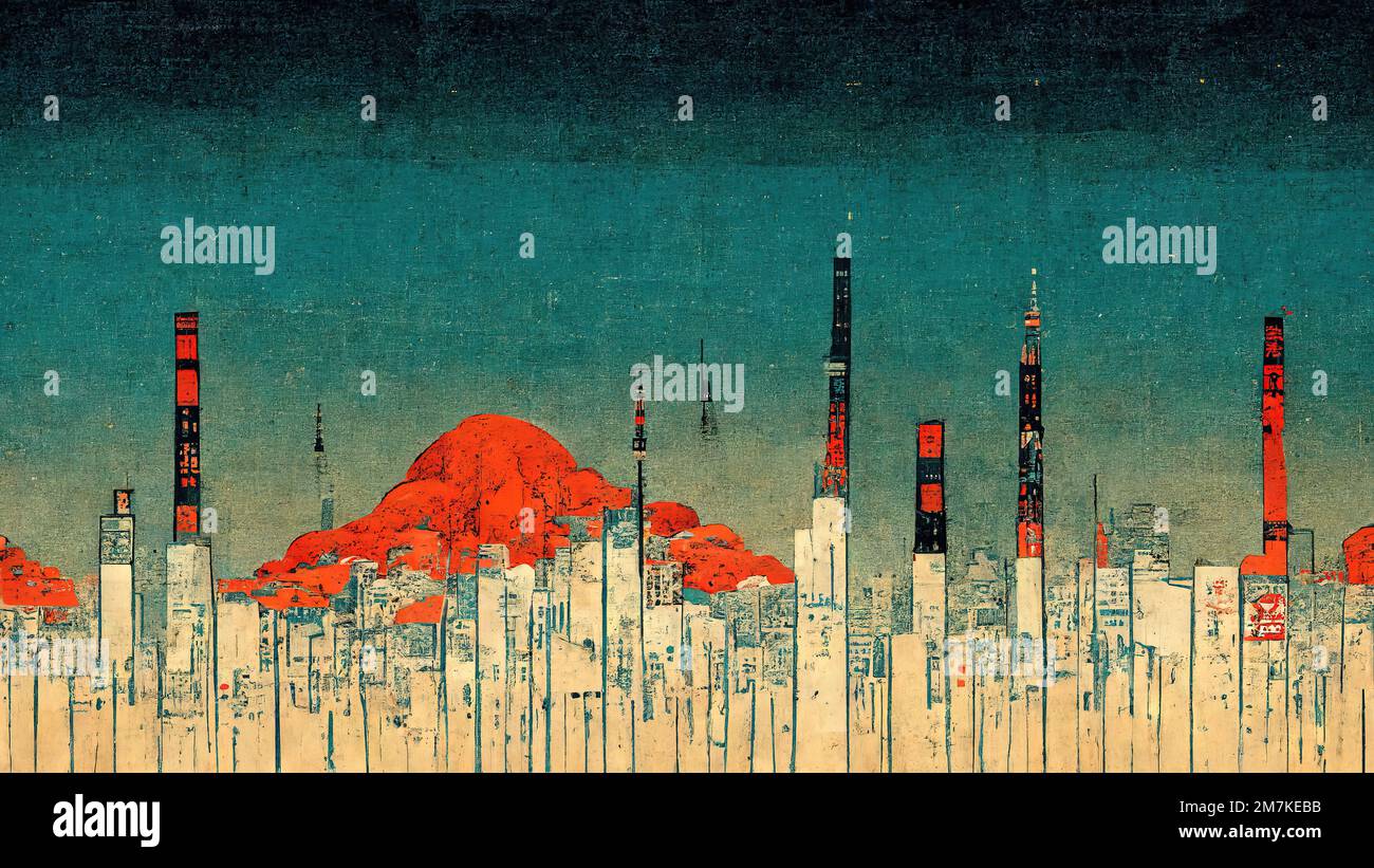 High-rise city and red mountain distant view, modern retro traditional ...