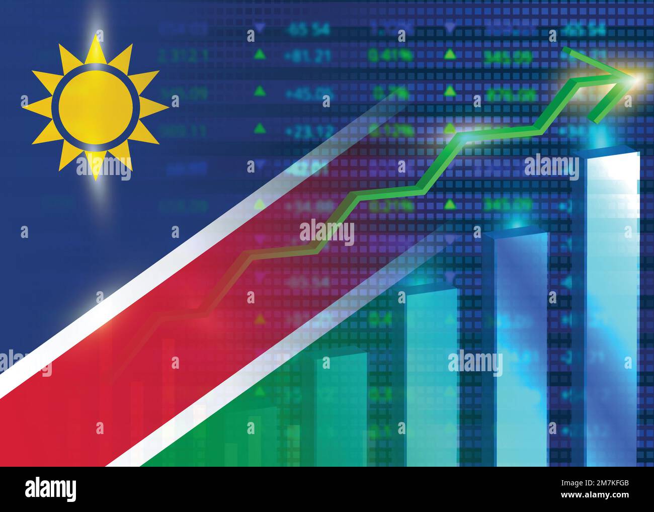 Economic growth in Namibia's stock market.Namibia flag with charts