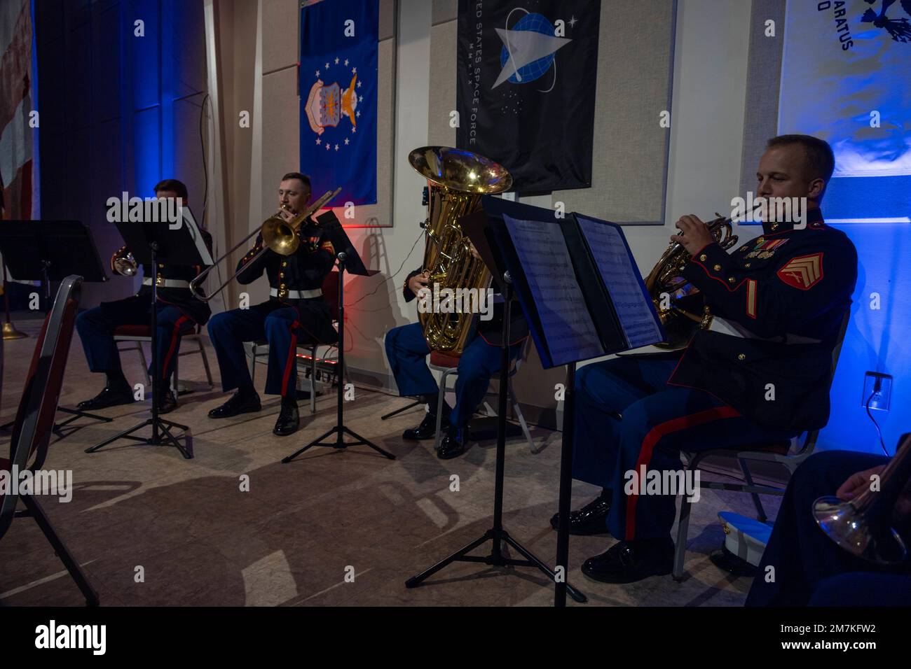 Members of the 2nd Marine Aircraft Wing Band Quintet perform different military branch hymns during the 19th Annual Salute to the Veterans event at the Havelock Tourist and Event Center, Havelock, North Carolina, May 10, 2022. The event was intended to foster the community relationship between Havelock and Marine Corps Air Station Cherry Point and honor service members for Military Appreciation Month. Stock Photo