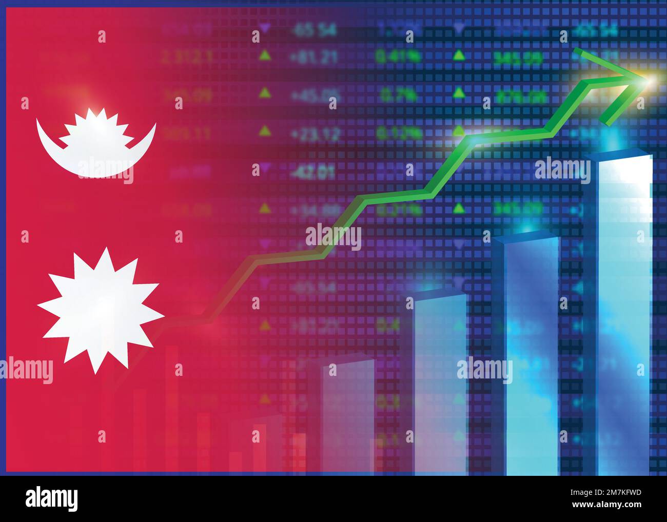 Economic growth in Nepal.Nepal's stock market.Nepal flag with charts