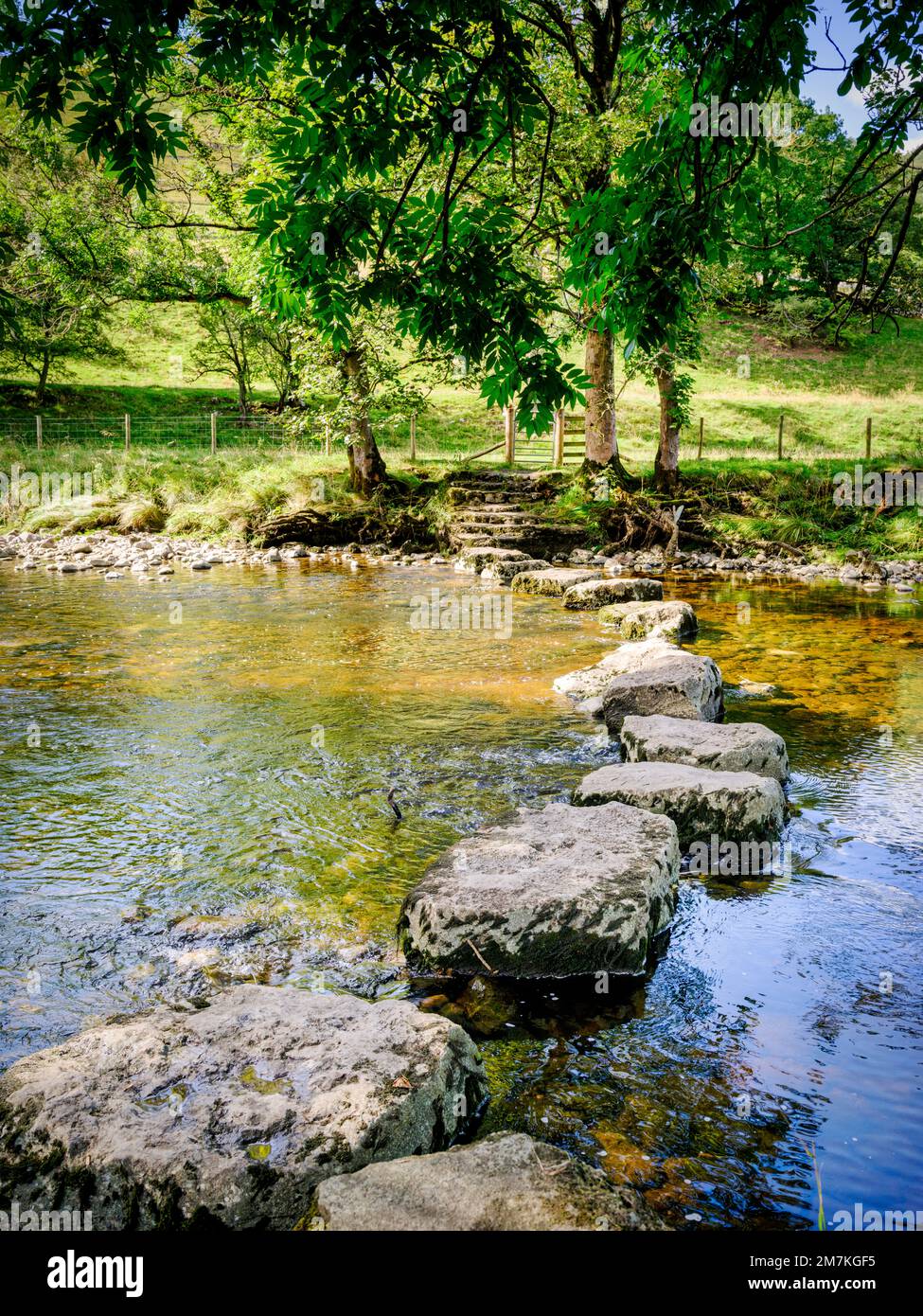 Stepping stones forming part of the Hawkswick Head Lane (path) across the River Wharfe at Kettlewell  village in Upper Wharfedale, North Yorkshire, UK Stock Photo