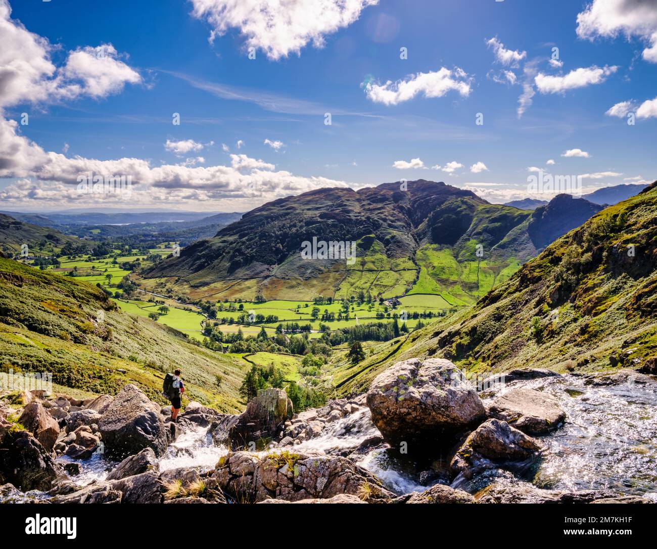 High distant views south: A climber part way up  to Stickle Tarn starting from Great  Langdale in the Lake District. Ambleside,Cumbria, UK. Stock Photo