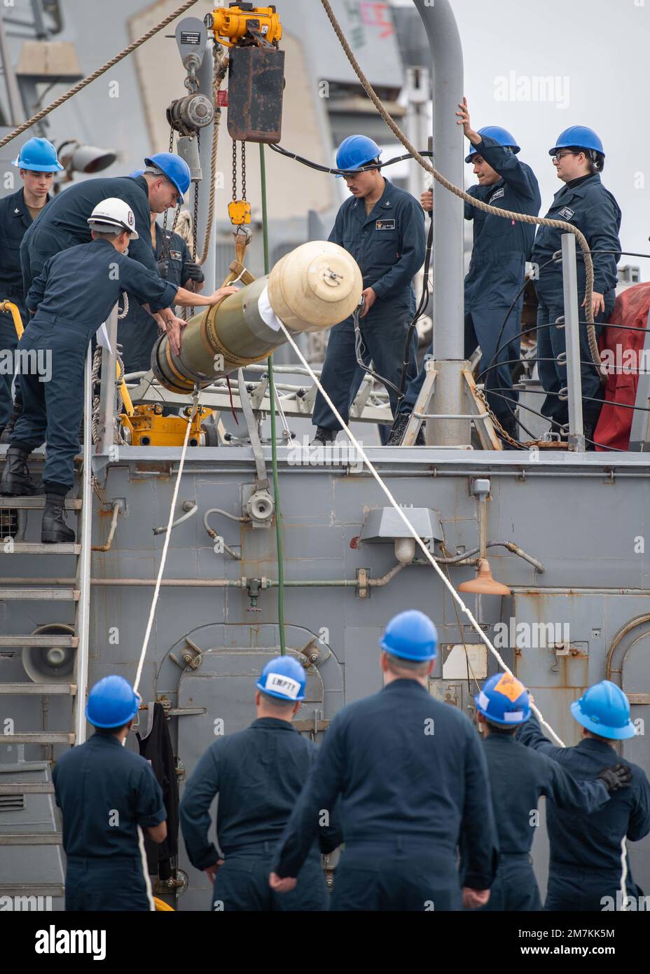 PACIFIC OCEAN (May 10, 2022) Sailors move a MK 46 torpedo for loading ...