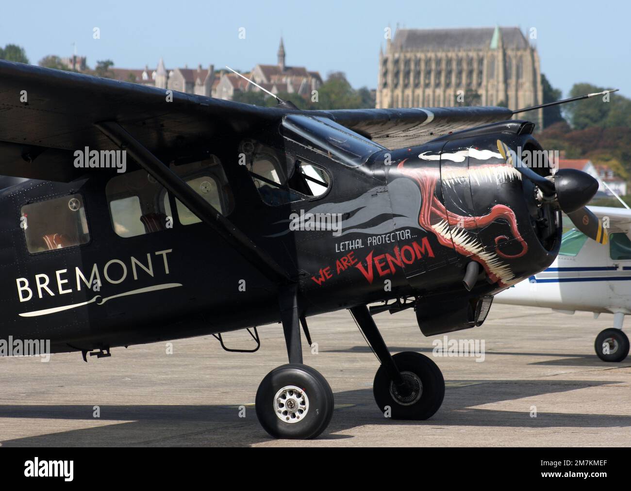 Max Holste MH-1521 C1 Broussard at Brighton City Airport, advertises Bremont watches. Stock Photo