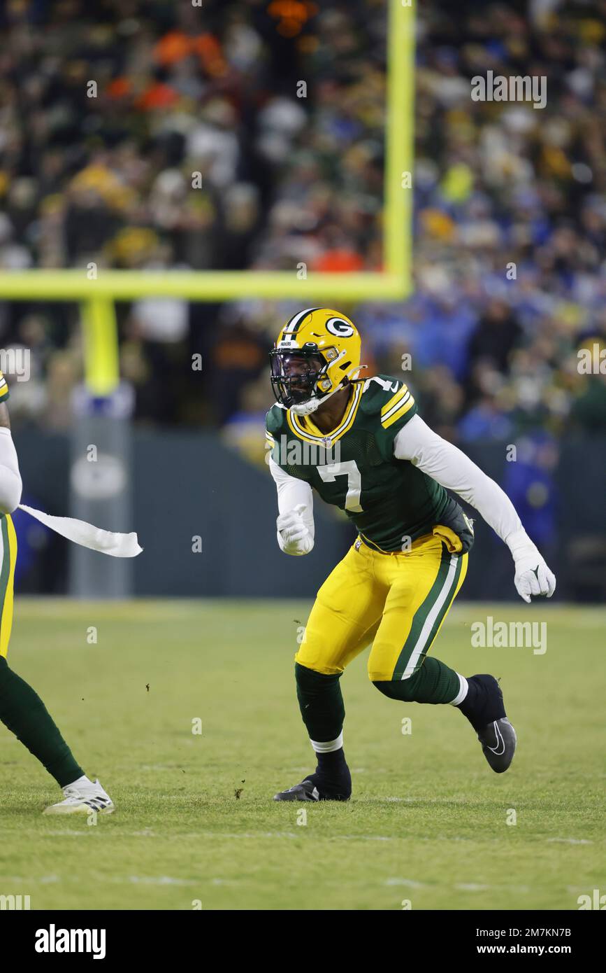 Green Bay Packers linebacker Quay Walker (7) rushes during an NFL football  game against the Detroit Lions Sunday, Jan. 8, 2023, in Green Bay, Wis. (AP  Photo/Jeffrey Phelps Stock Photo - Alamy