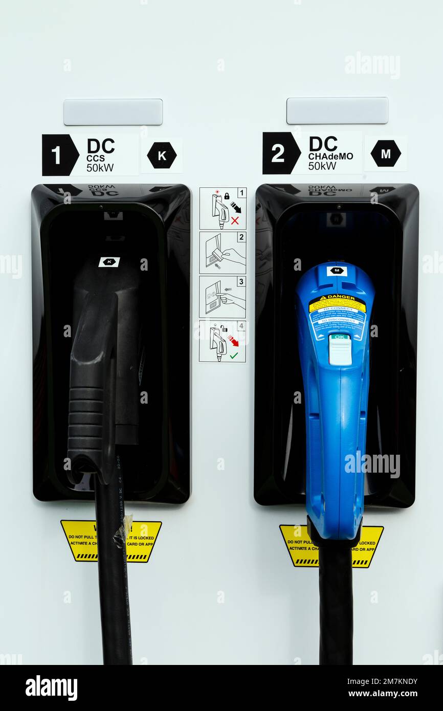 A DC CCS and CHAdeMo 50kW electric car charger points, Scotland, UK, Europe Stock Photo