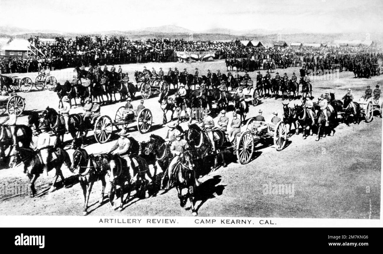 Members of the US Army (USA) 40th Division, 65th Field Artillery Brigade, regiments perform an Artillery Review with horse drawn 75 mm cannons at Camp Kearny, California (CA). Note: In the future this area became the US Navy (USN) Naval Air Station Miramar. (Exact Date Shot Unknown). Base: San Diego State: California (CA) Country: United States Of America (USA) Stock Photo