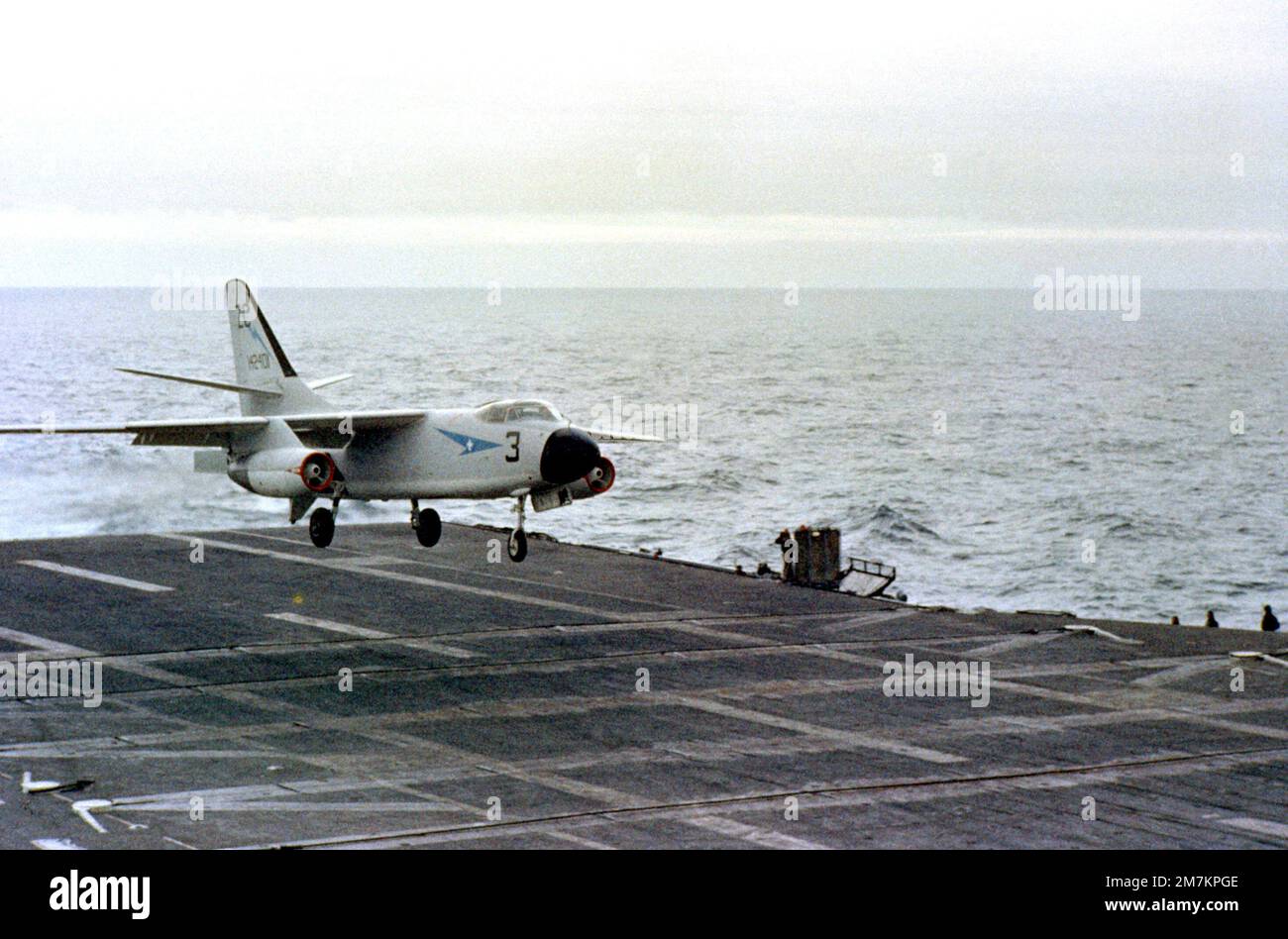 An A3D Skywarrior aircraft approaches for a landing aboard the attack aircraft carrier USS RANGER (CVA-61). Country: Unknown Stock Photo