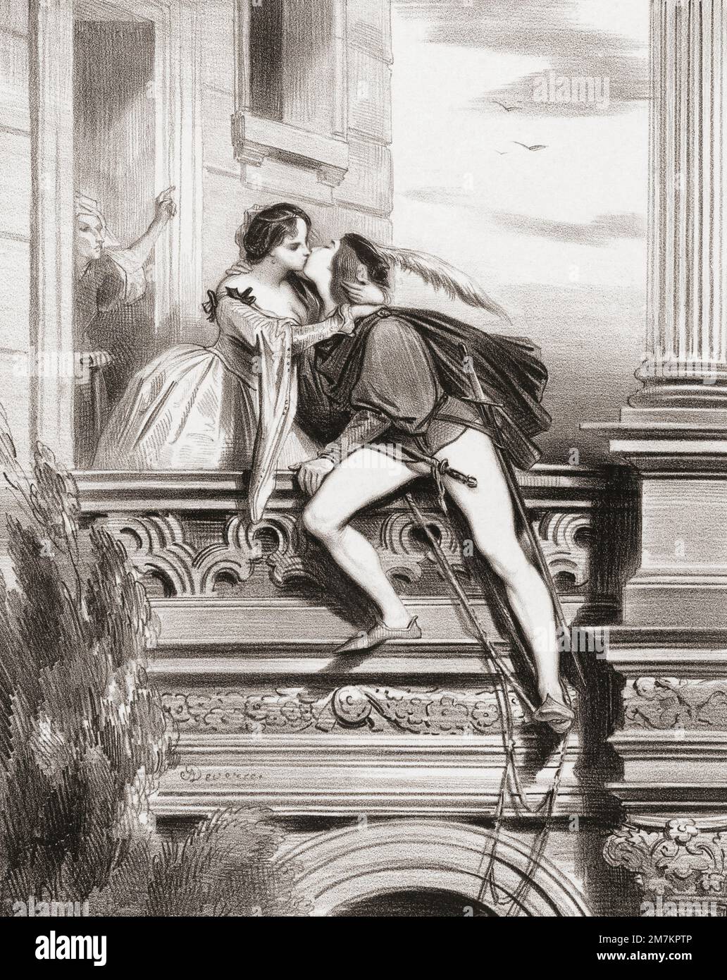 Romeo and Juliet.  The balcony scene. 'Good night.  A thousand times good night.'  William Shakespeare's Romeo and Juliet. Act Two. Scene Two.  After a work by Achille Devéria. Stock Photo