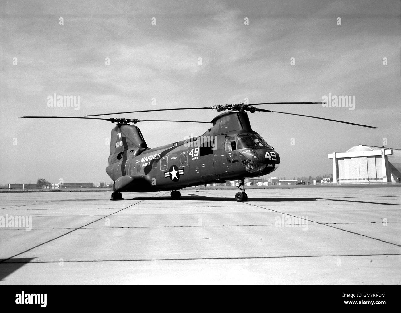 A right front view of a CH-46A helicopter from HMM-165 parked on the flight line. Base: Mcas, Tustin State: California (CA) Country: United States Of America (USA) Stock Photo