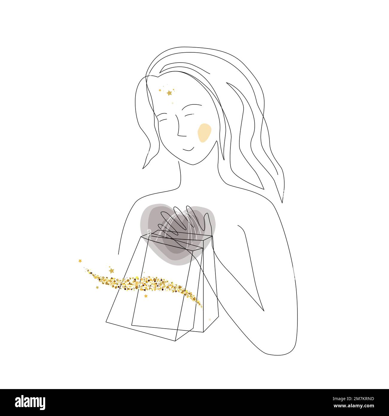 Sad depressed girl trying to feel herself better with buying new things. Shopaholism Problem concept. Woman With Bags. Vector illustration, continuous Stock Vector