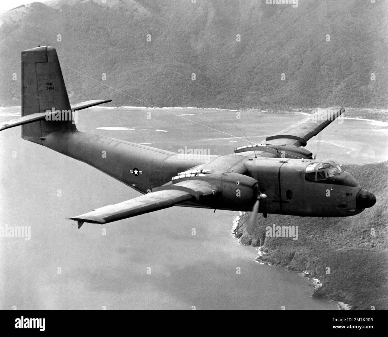 A C-7 Caribou aircraft, transferred from the U.S. Army to the Air Force on Jan. 1, is used for airlifting supplies to forward outposts in Vietnam. With a maximum payload of three tons, the C-7A can take off and clear a 50-foot obstacle in about 1,200 feet. The aircraft, used for landing at short, unimproved airfields, can land on a 1,000-foot runway. Base: Saigon Country: Viet Nam (VNM) Stock Photo