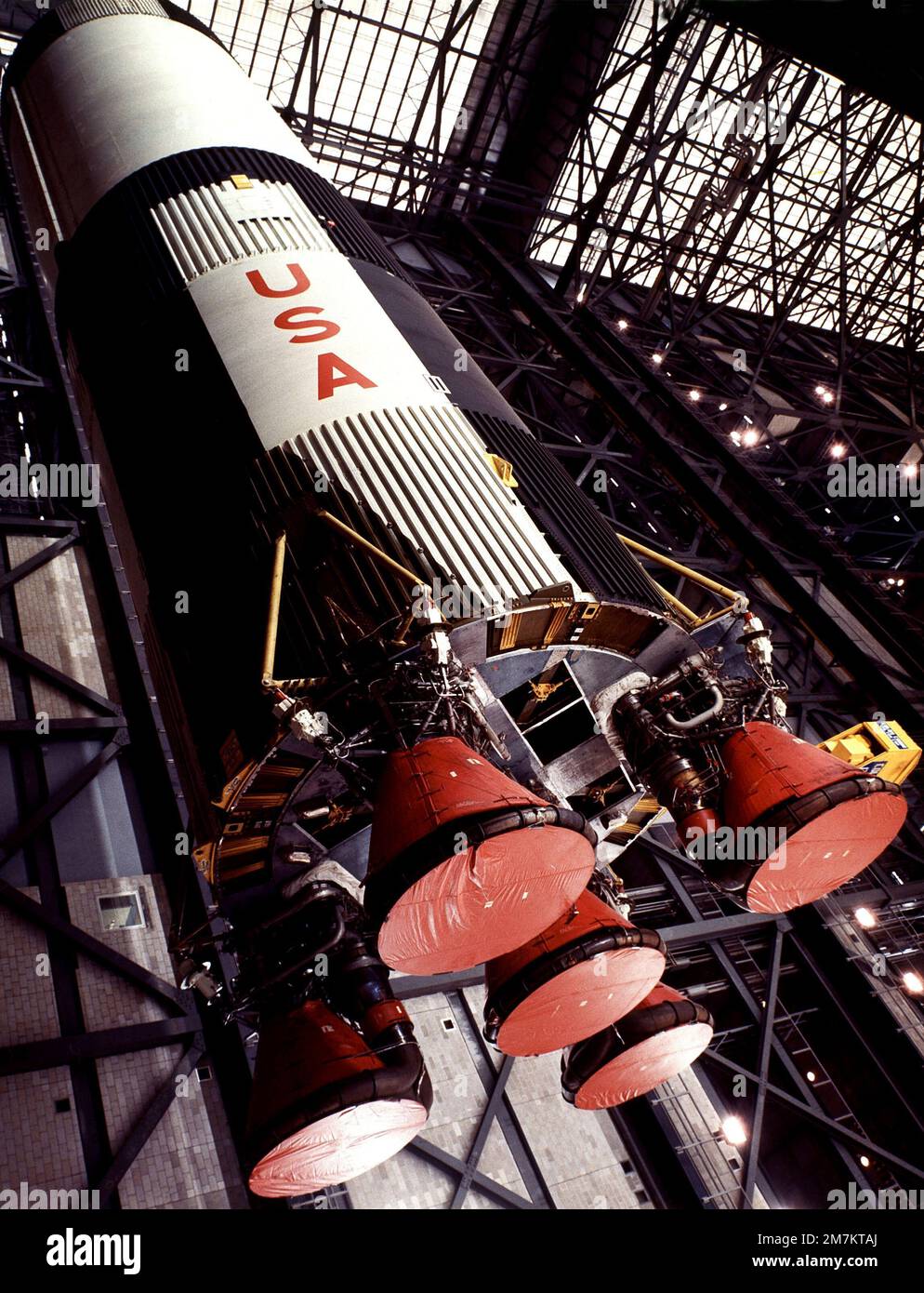 The first stage (S-1-C) of Apollo 6 (A/S 502) is erected at the Vehicle Assembly Building. The unmanned Apollo 6 mission will be launched by a Saturn V rocket and will conduct systems tests, propulsion burns and heat-shield tests at re-entry speeds. Base: Kennedy Space Center State: Florida (FL) Country: United States Of America (USA) Stock Photo