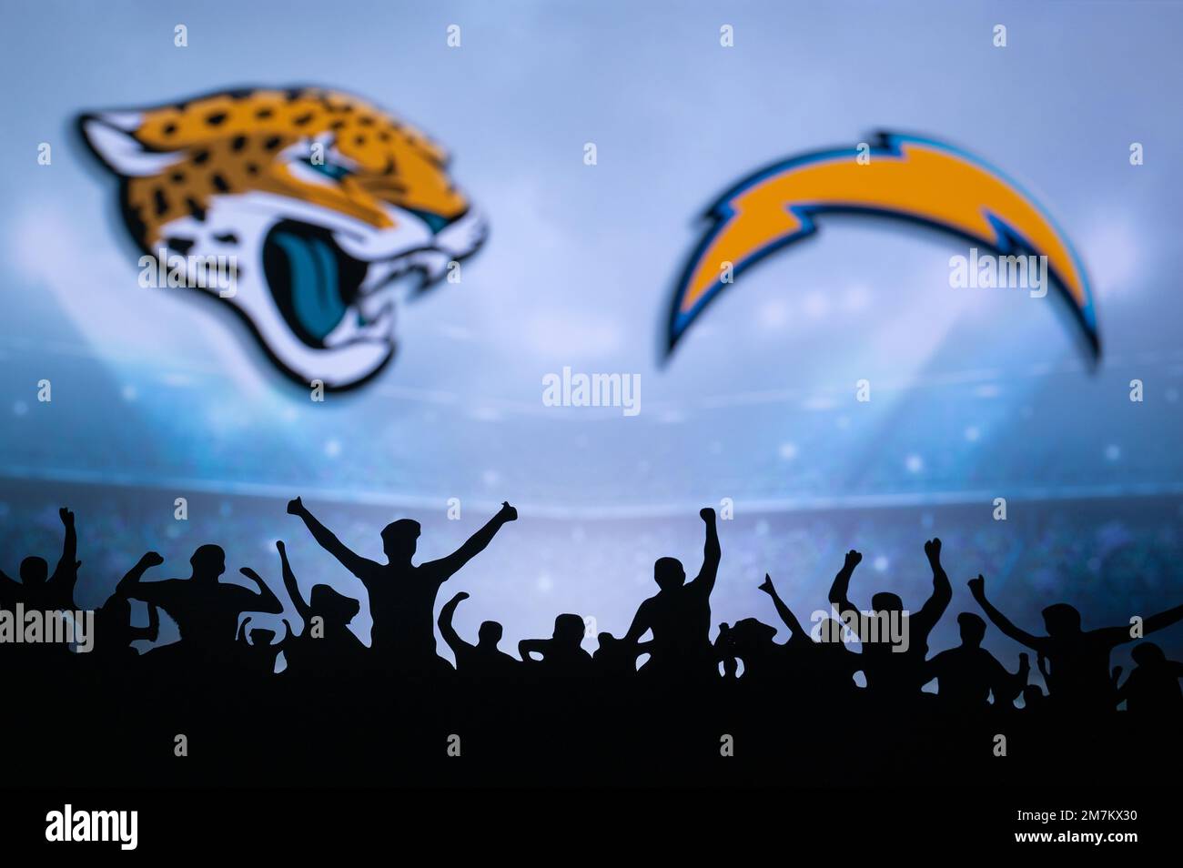 JACKSONVILLE, USA, JANUARY 10, 2023: Los Angeles Chargers vs. Jacksonville Jaguars. NFL Wild Card Round 2023, Silhouette of fans supporting the team a Stock Photo
