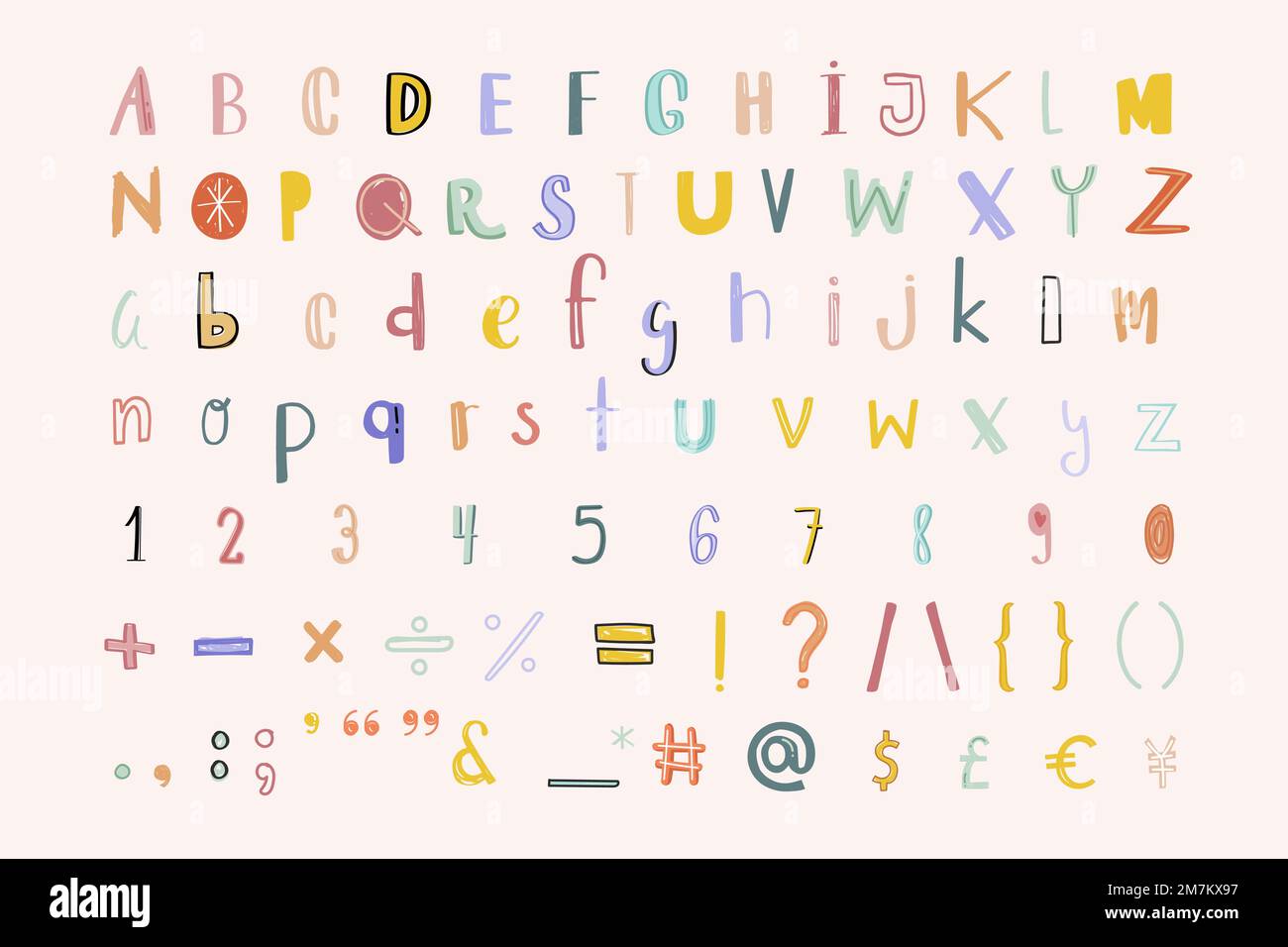 Alphabet numbers punctuations vector doodle font pastel set Stock Vector