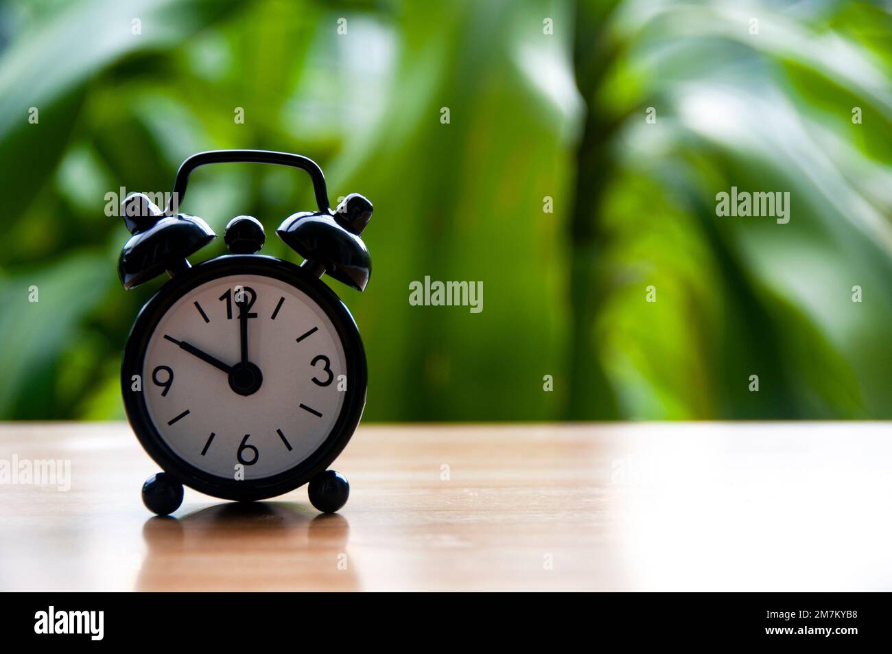 Alarm clock pointing at 10am with blurred nature background. With customizable space for text. Copy space. Stock Photo