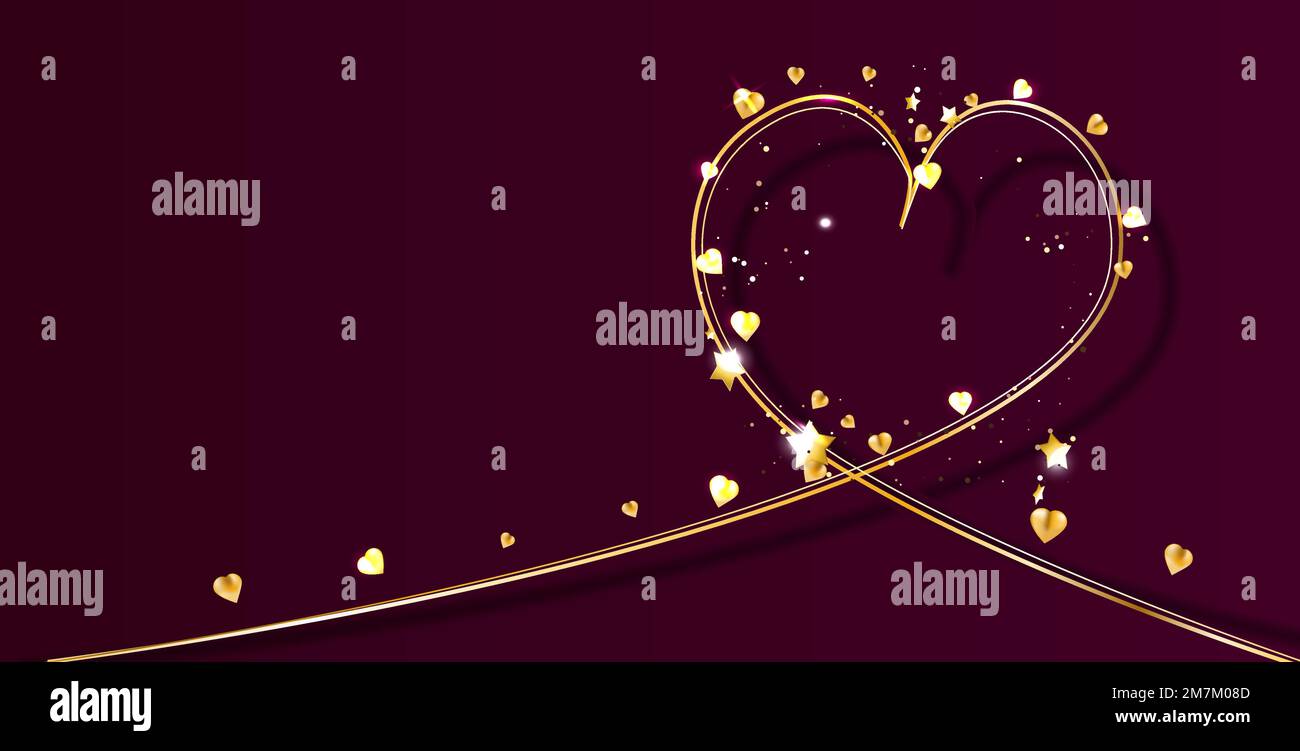 Happy Valentines day vector greeting card. Gold heart on dark red ...