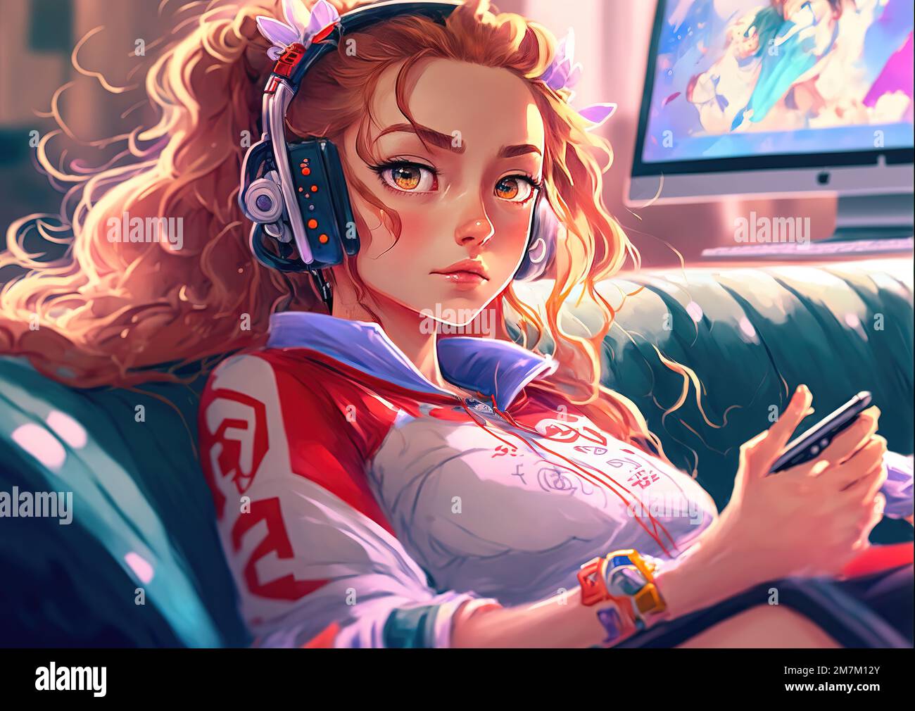 cute young anime girl playing with phone and listening to music artwork Stock Photo - Alamy cute young anime girl playing with phone and listening to music artwork Stock Photo - Alamy