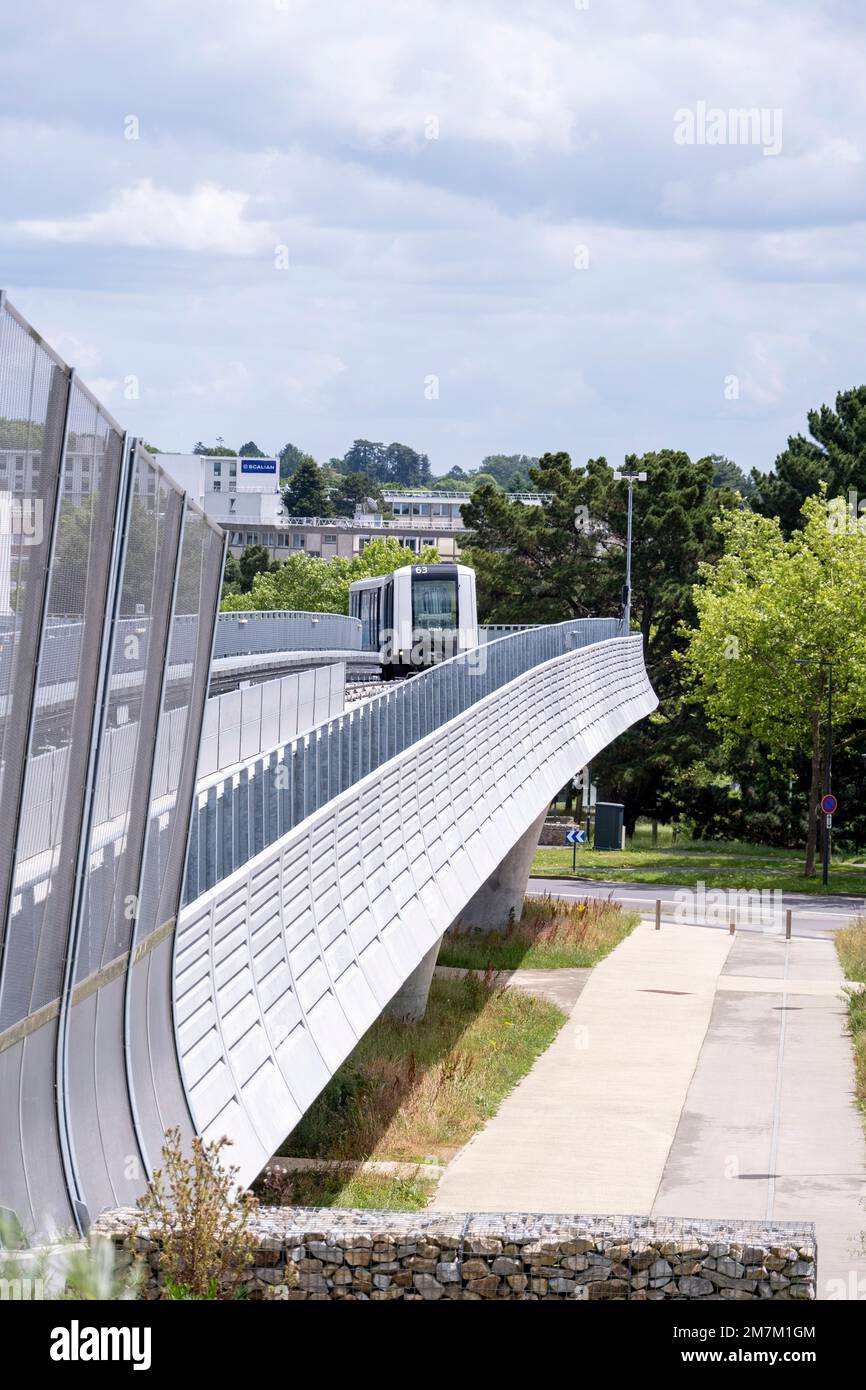 Rennes (Brittany, north-western France): test for the future automated metro train of line B, aerial viaduct near the Universite Rennes 1 Station, Cit Stock Photo